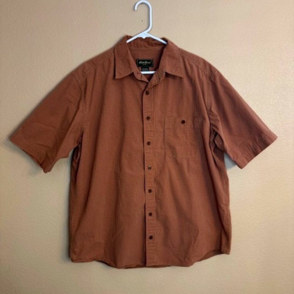 Eddie Bauer Mens Seersucker Short Sleeve Button Down Size L TALL Oranage Tan EUC